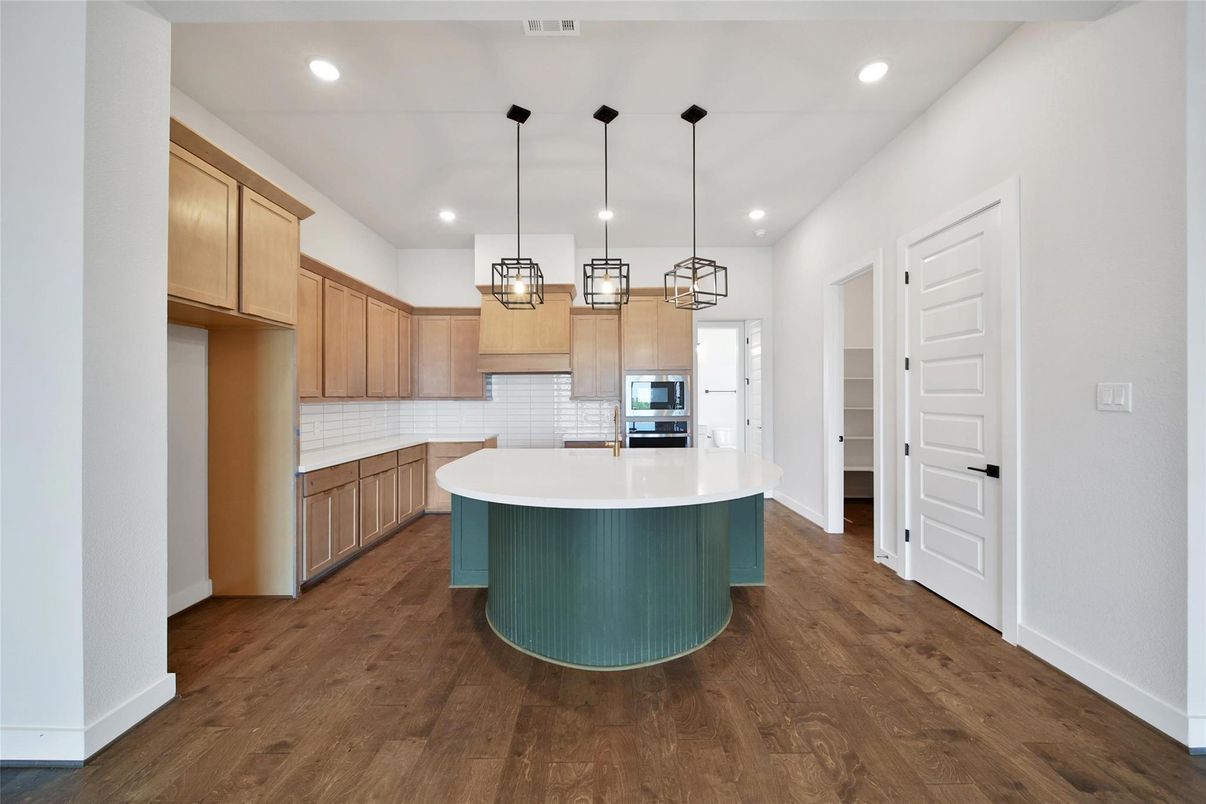 Interior, Kitchen, Pendant Lights, Recessed Lighting, Stainless Steel Appliances, Wood Texture Flooring