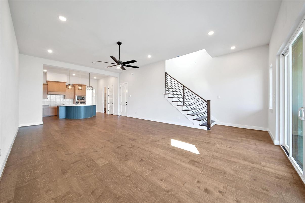 Empty room, Interior, Kitchen, Pendant Lights, Recessed Lighting, Wood Texture Flooring