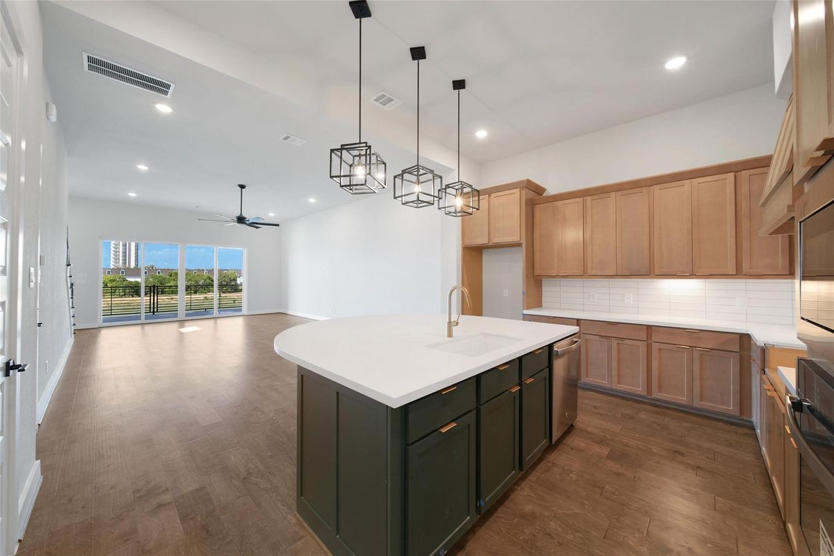 Interior, Kitchen, Pendant Lights, Recessed Lighting, Wood Texture Flooring