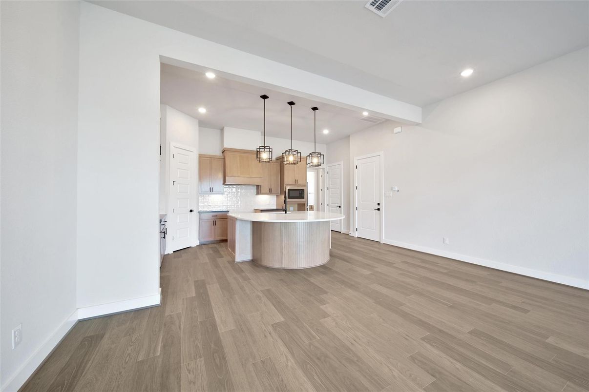 Interior, Kitchen, Pendant Lights, Recessed Lighting, Wood Texture Flooring