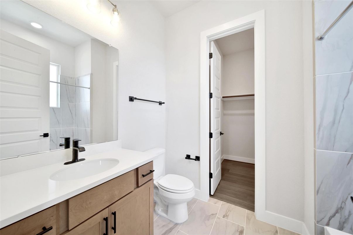 Bathroom, Interior, Marble, Recessed Lighting, Wood Texture Flooring