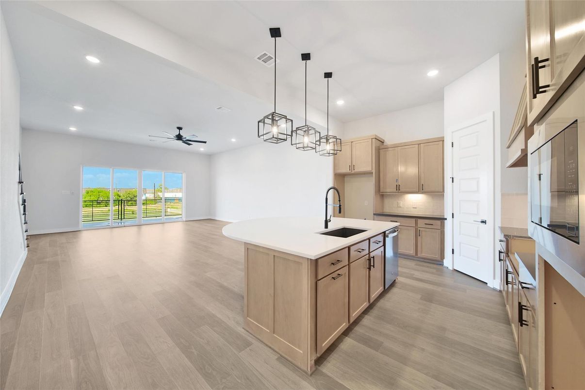 Interior, Kitchen, Pendant Lights, Recessed Lighting, Wood Texture Flooring
