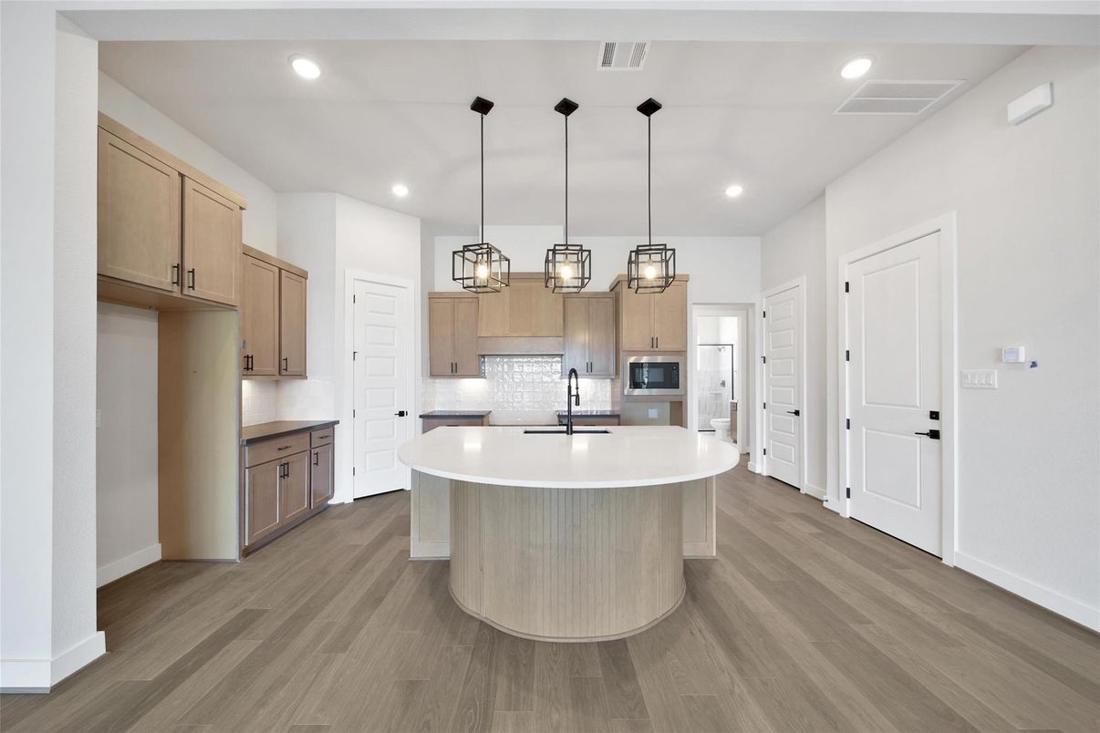 Interior, Kitchen, Pendant Lights, Recessed Lighting, Stainless Steel Appliances, Wood Texture Flooring