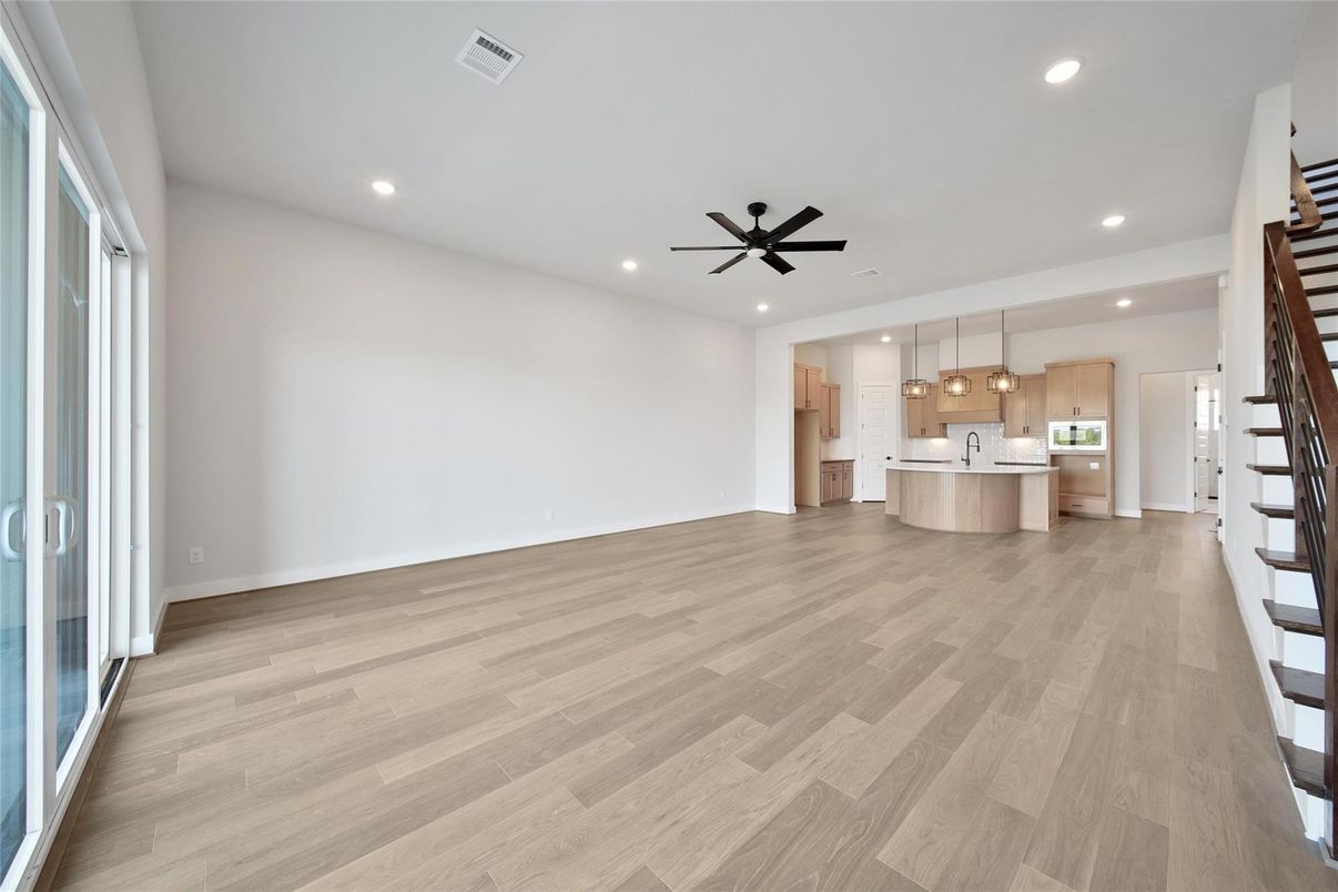 Empty room, Interior, Kitchen, Pendant Lights, Recessed Lighting, Wood Texture Flooring