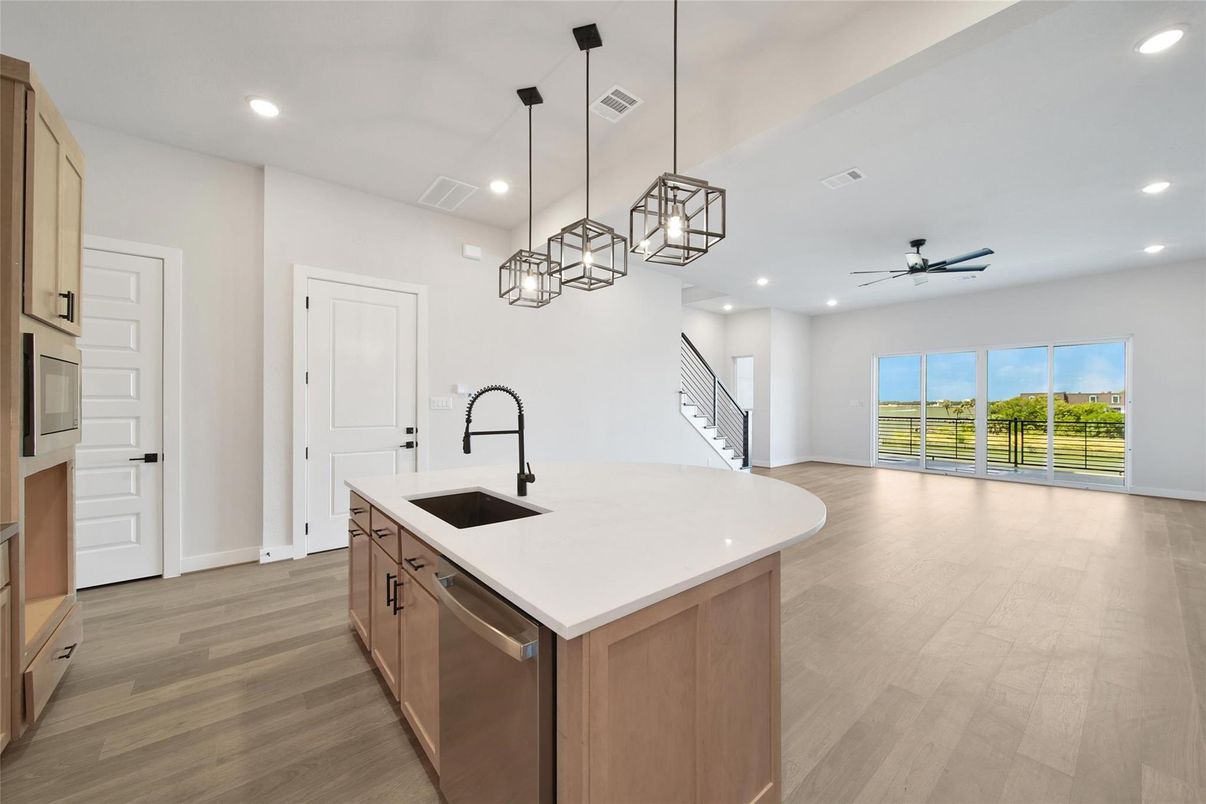 Interior, Kitchen, Pendant Lights, Recessed Lighting, Wood Texture Flooring