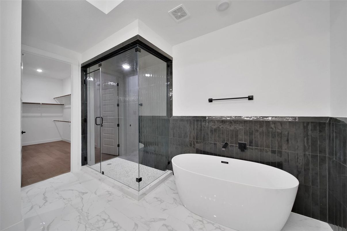 Bathroom, Free Standing Baths, Glass Shower, Interior, Marble, Recessed Lighting