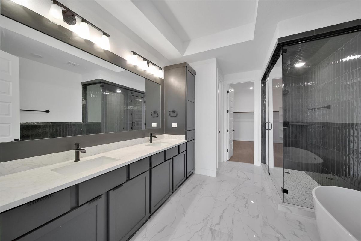 Bathroom, Dual Sink Vanities, Glass Shower, Interior, Marble
