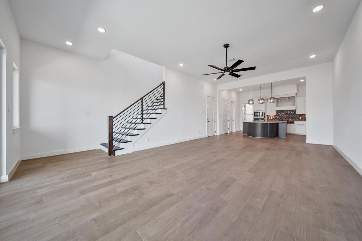 Empty room, Interior, Kitchen, Pendant Lights, Recessed Lighting, Wood Texture Flooring