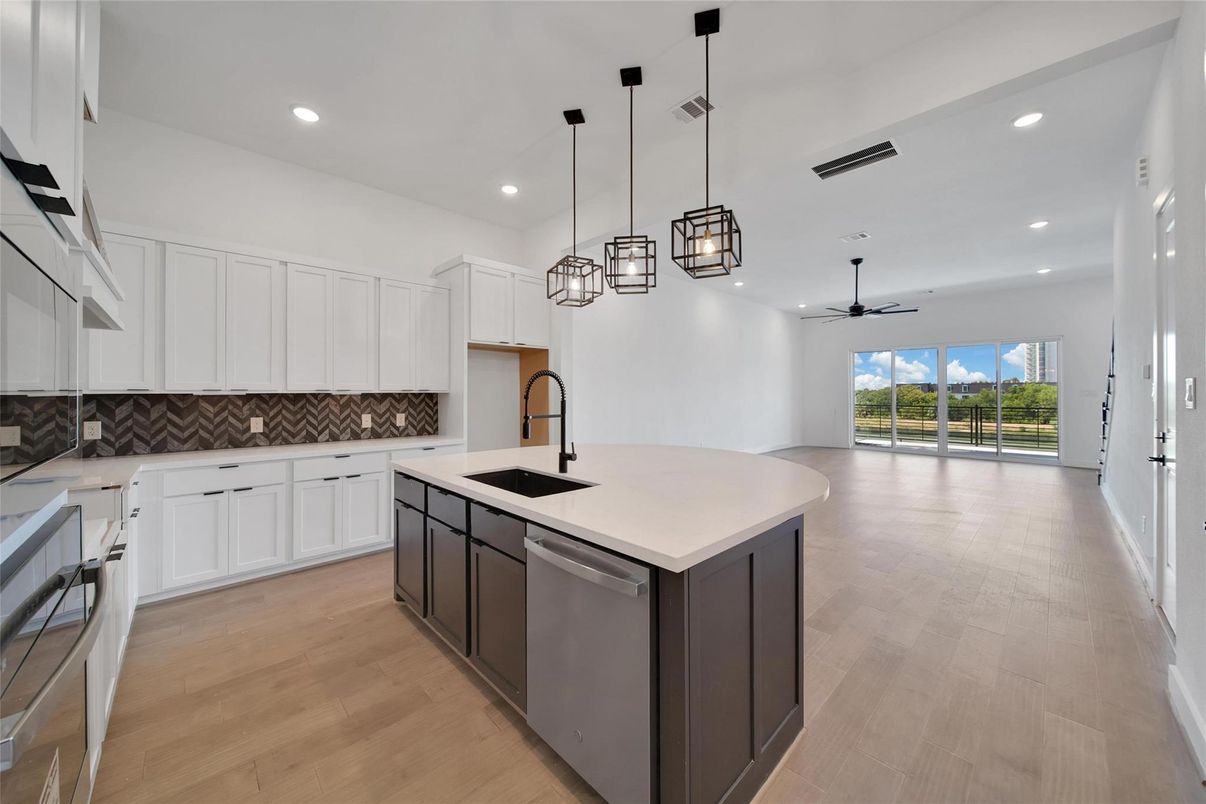 Interior, Kitchen, Pendant Lights, Recessed Lighting, Wood Texture Flooring