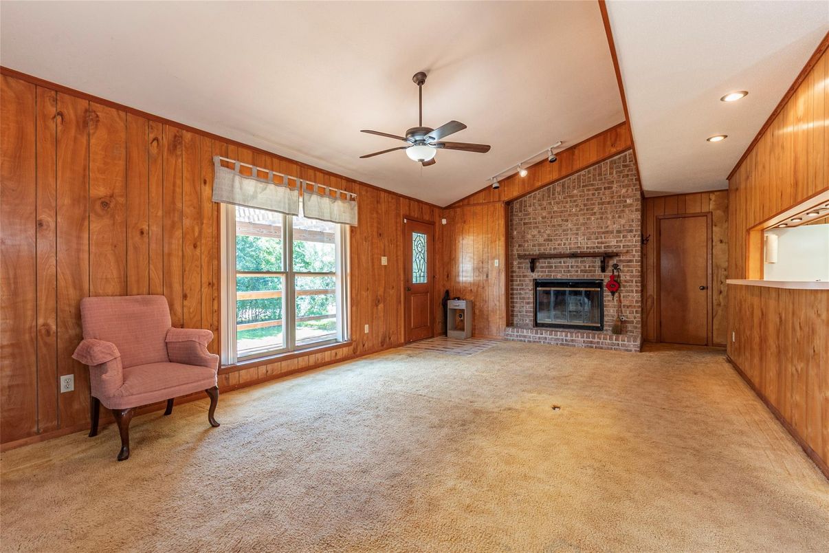 Empty room, Fireplace, Interior, Recessed Lighting, Stone Walls, Wooden Walls