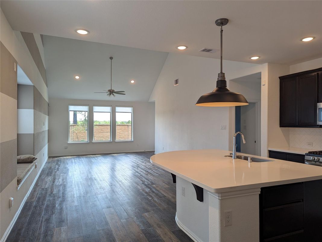Interior, Kitchen, Pendant Lights, Recessed Lighting, Wood Texture Flooring