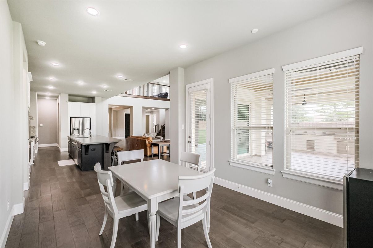 Dining room, Interior, Kitchen, Recessed Lighting, Wood Texture Flooring