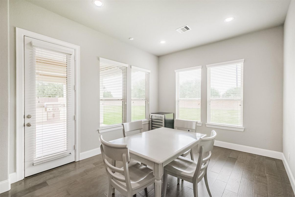 Dining room, Interior, Recessed Lighting, Wood Texture Flooring