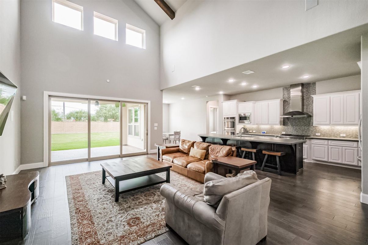 Interior, Kitchen, Living room, Recessed Lighting, Stainless Steel Appliances, Wooden Beams, Wood Texture Flooring