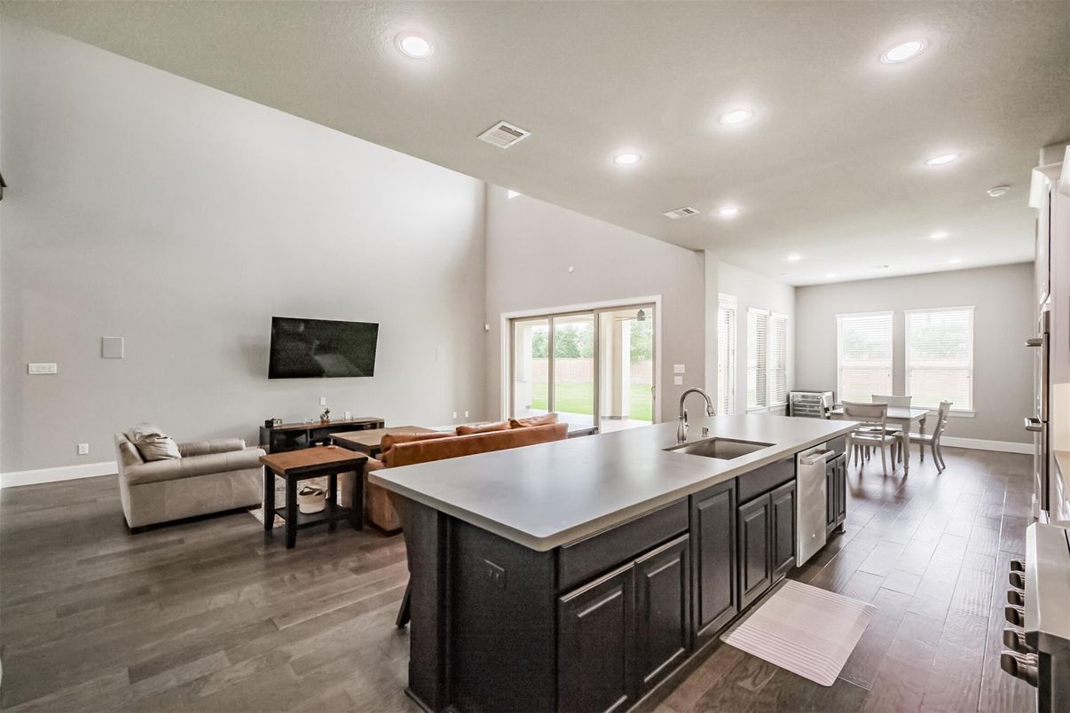 Dining room, Interior, Kitchen, Living room, Recessed Lighting, Wood Texture Flooring