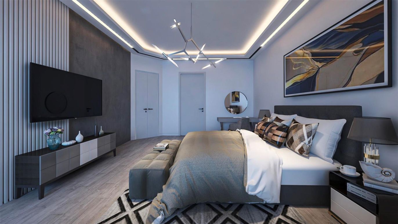Bedroom, Interior, Pendant Lights, Wood Texture Flooring