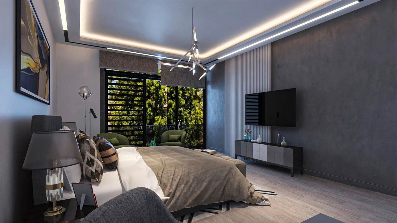 Bedroom, Interior, Pendant Lights, Recessed Lighting, Wood Texture Flooring