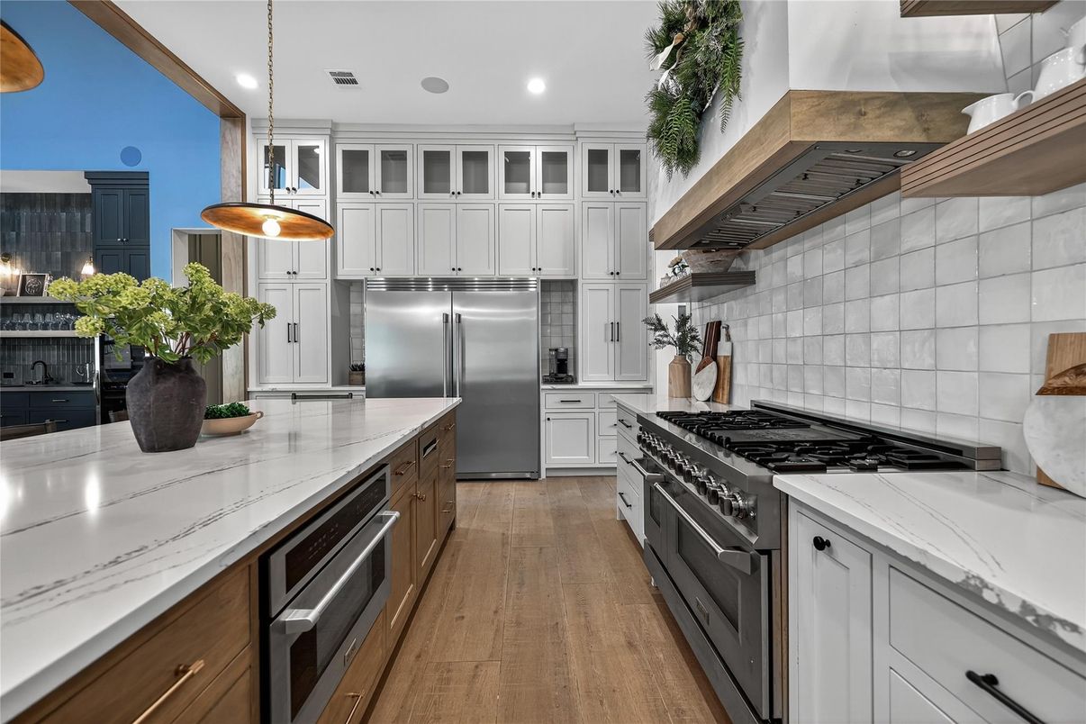 Interior, Kitchen, Pendant Lights, Recessed Lighting, Stainless Steel Appliances, Wood Texture Flooring