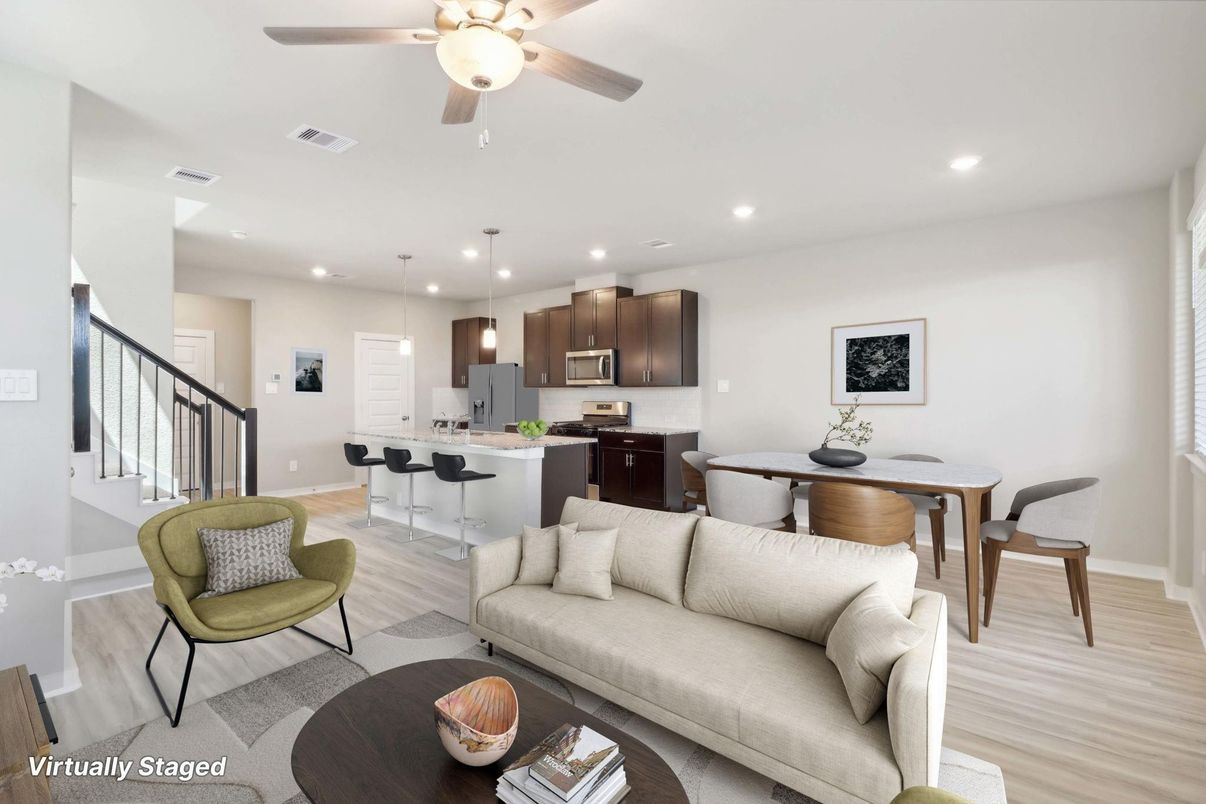 Dining room, Interior, Kitchen, Living room, Pendant Lights, Recessed Lighting, Wood Texture Flooring
