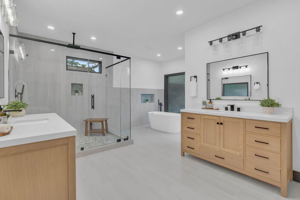Bathroom, Dual Sink Vanities, Free Standing Baths, Glass Shower, Interior, Recessed Lighting