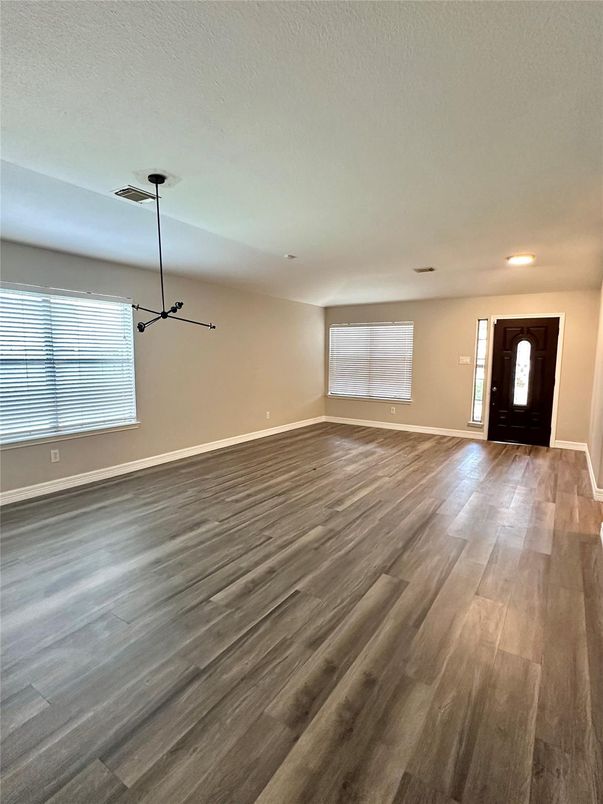 Empty room, Interior, Pendant Lights, Recessed Lighting, Wood Texture Flooring