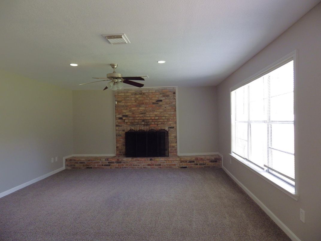 Empty room, Fireplace, Interior, Recessed Lighting, Stone Walls