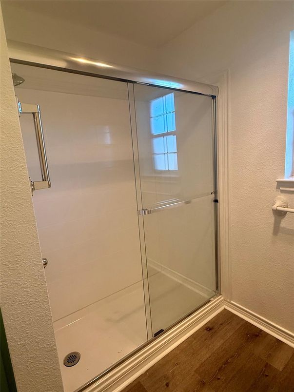 Bathroom, Glass Shower, Interior, Wood Texture Flooring