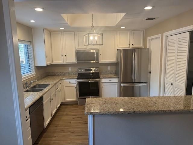 Interior, Kitchen, Pendant Lights, Recessed Lighting, Stainless Steel Appliances, Wood Texture Flooring