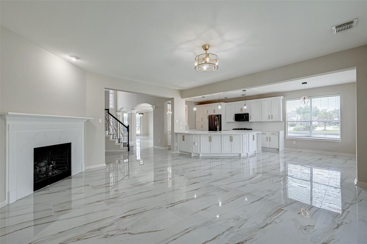 Fireplace, Interior, Kitchen, Marble, Pendant Lights, Recessed Lighting