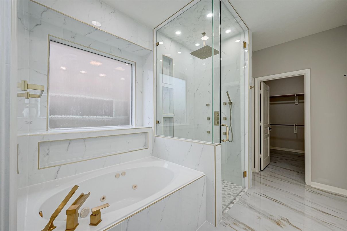 Bathroom, Glass Shower, Interior, Marble, Marble Walls, Recessed Lighting
