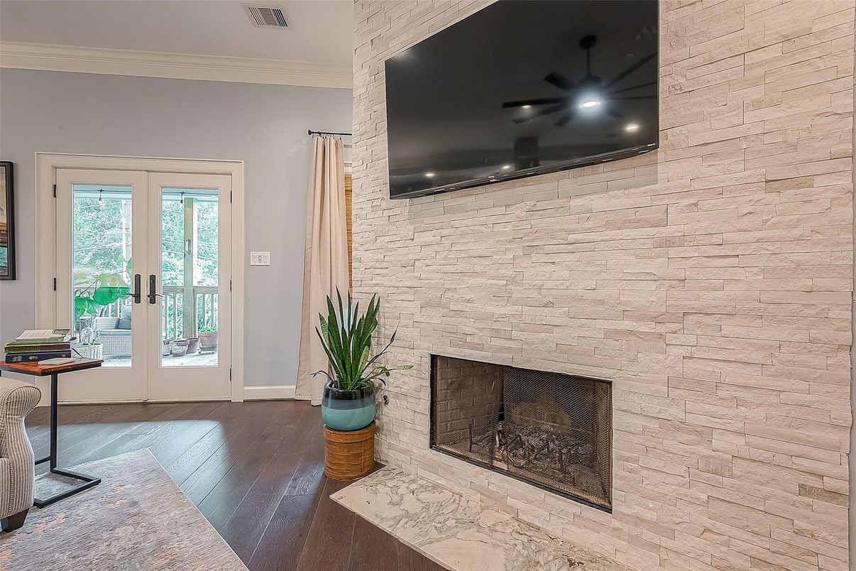 Fireplace, Interior, Recessed Lighting, Stone Walls, Wood Texture Flooring