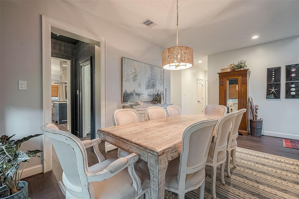 Dining room, Interior, Pendant Lights, Recessed Lighting, Wood Texture Flooring