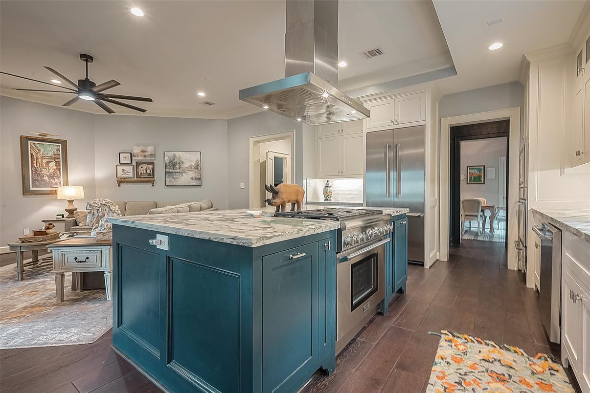 Interior, Kitchen, Recessed Lighting, Stainless Steel Appliances, Wood Texture Flooring