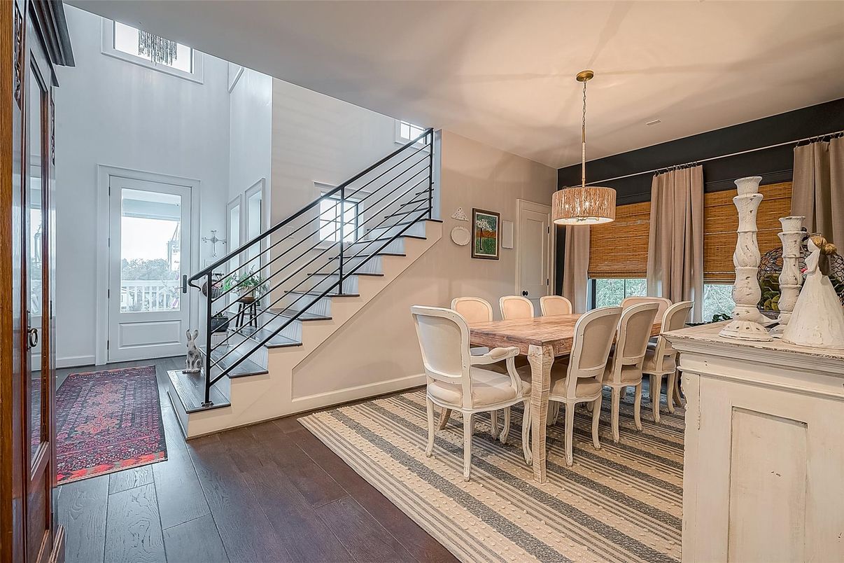 Dining room, Interior, Pendant Lights, Wood Texture Flooring