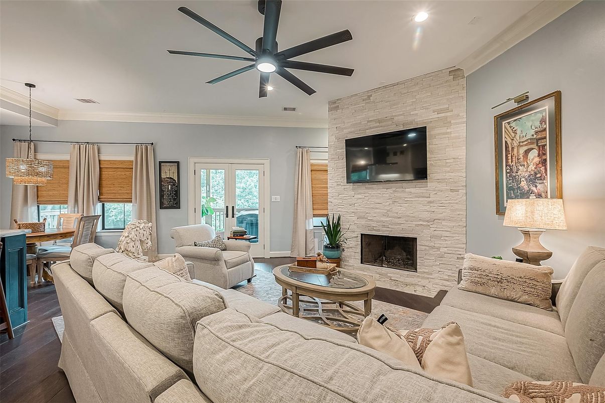 Dining room, Fireplace, Interior, Living room, Pendant Lights, Recessed Lighting, Stone Walls, Wood Texture Flooring