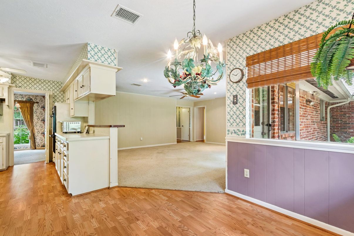Chandelier, Empty room, Interior, Kitchen, Recessed Lighting, Wood Texture Flooring