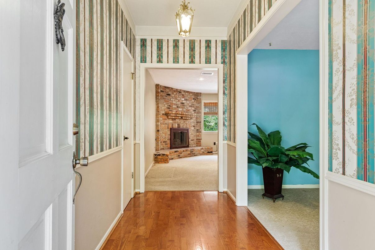 Fireplace, Interior, Pendant Lights, Stone Walls, Wood Texture Flooring