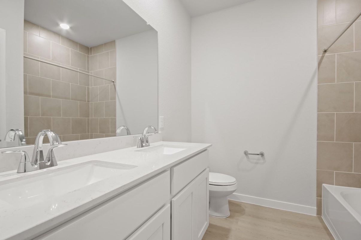 Bathroom, Dual Sink Vanities, Interior, Recessed Lighting, Wood Texture Flooring