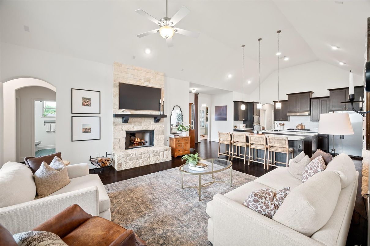 Fireplace, Interior, Kitchen, Living room, Pendant Lights, Recessed Lighting, Stone Walls, Wood Texture Flooring