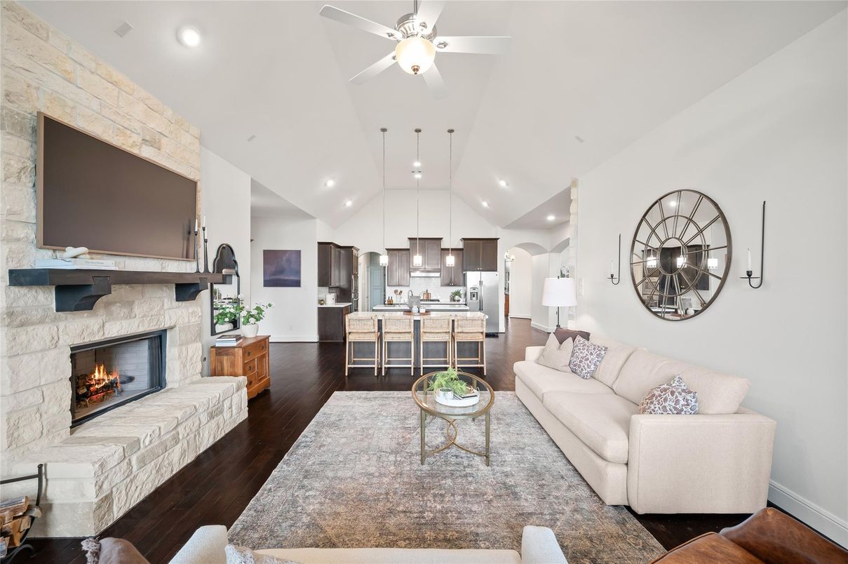 Fireplace, Interior, Kitchen, Living room, Pendant Lights, Recessed Lighting, Stone Walls, Wood Texture Flooring