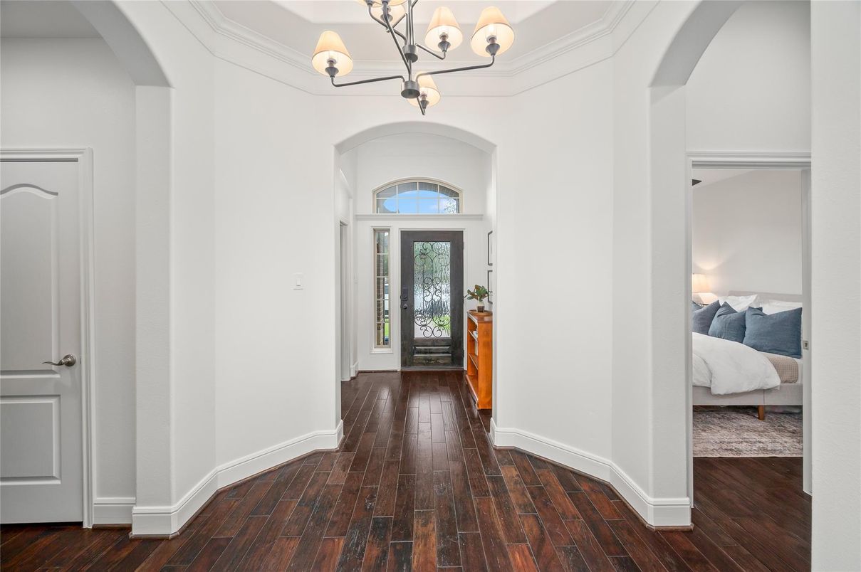 Bedroom, Chandelier, Interior, Wood Texture Flooring