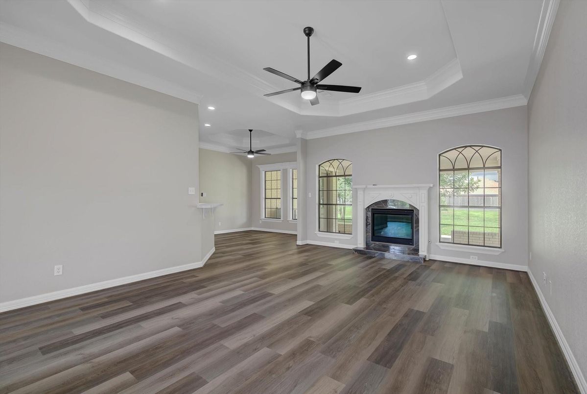 Empty room, Fireplace, Interior, Recessed Lighting, Wood Texture Flooring