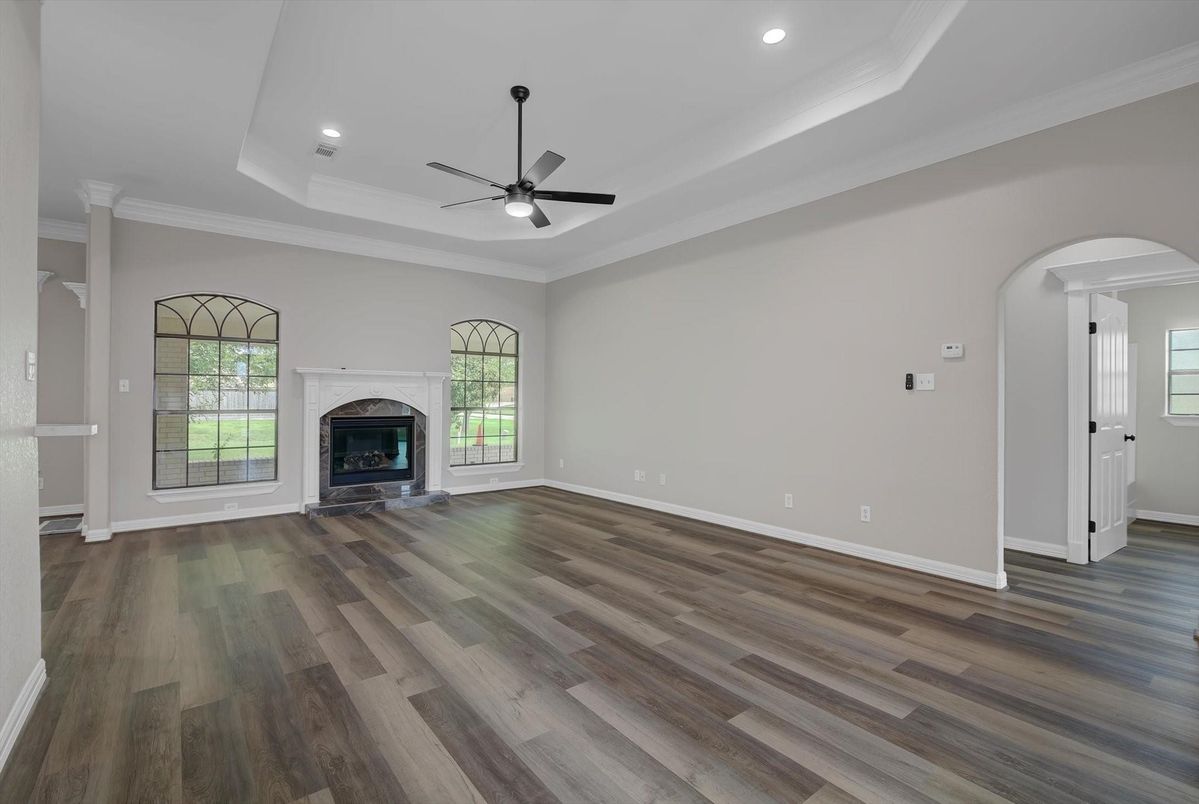 Empty room, Fireplace, Interior, Recessed Lighting, Wood Texture Flooring
