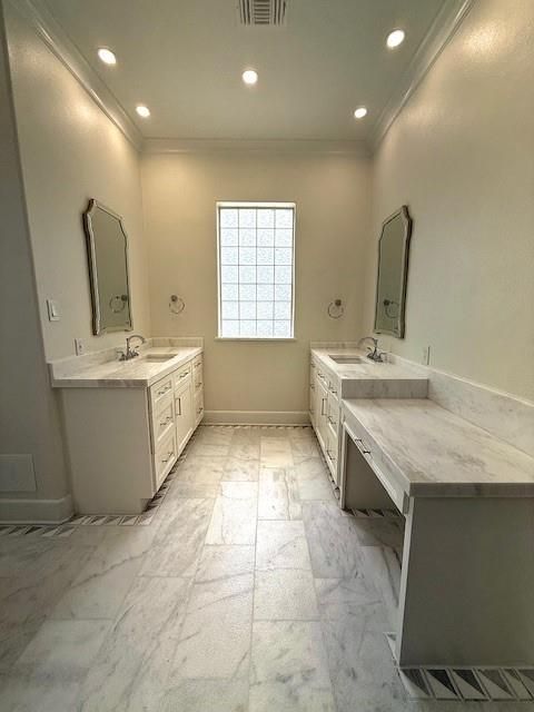 Bathroom, Dual Sink Vanities, Interior, Marble, Recessed Lighting