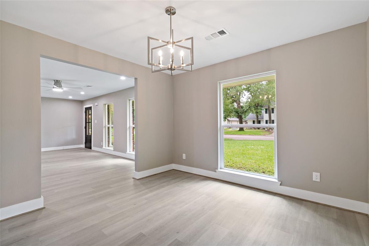 Empty room, Interior, Pendant Lights, Recessed Lighting, Wood Texture Flooring
