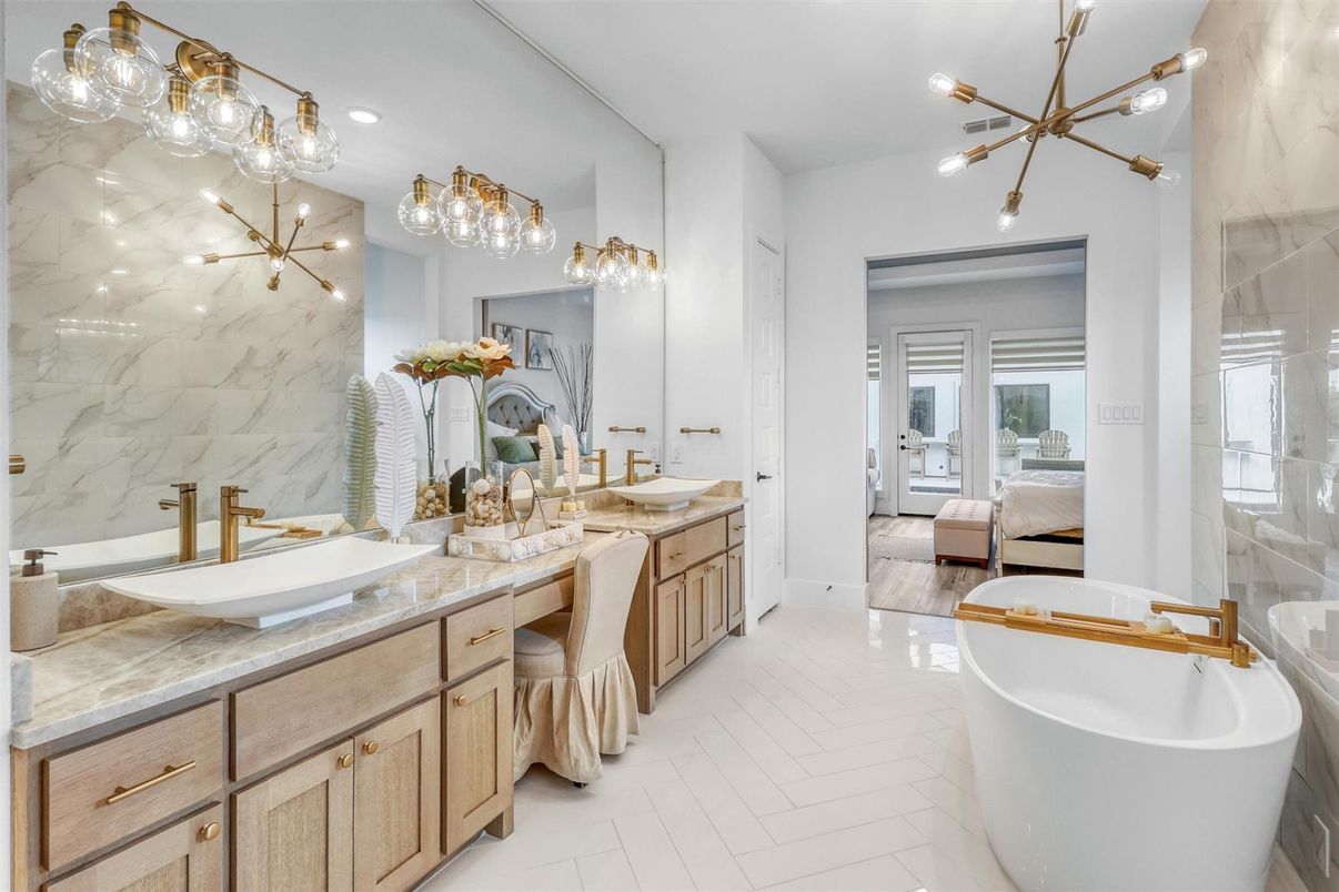 Bathroom, Dual Sink Vanities, Free Standing Baths, Interior, Marble Walls, Pendant Lights, Recessed Lighting