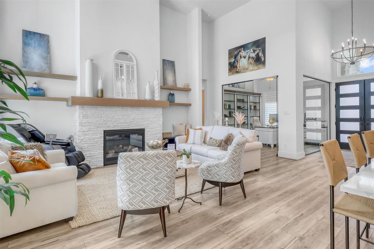 Fireplace, Interior, Living room, Pendant Lights, Wood Texture Flooring