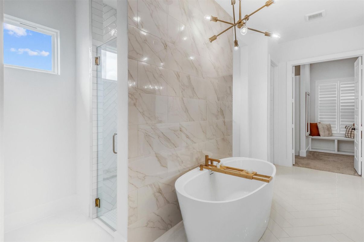Bathroom, Free Standing Baths, Glass Shower, Interior, Marble Walls, Pendant Lights
