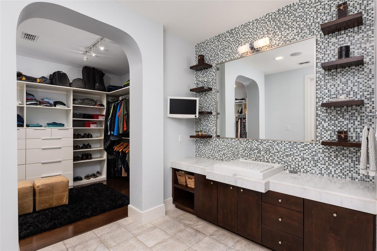 Bathroom, Interior, Recessed Lighting, Tile Countertops, Walk-in Closets, Wood Texture Flooring