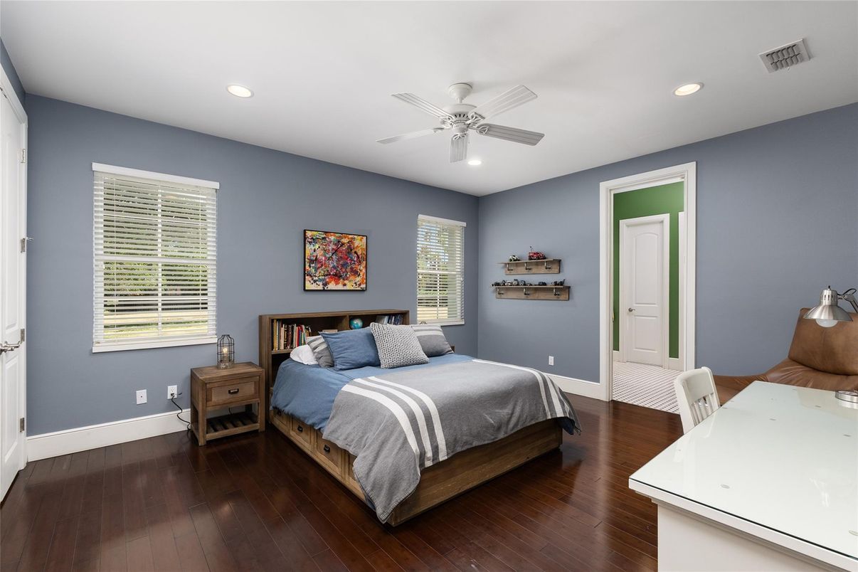 Bedroom, Interior, Recessed Lighting, Wood Texture Flooring